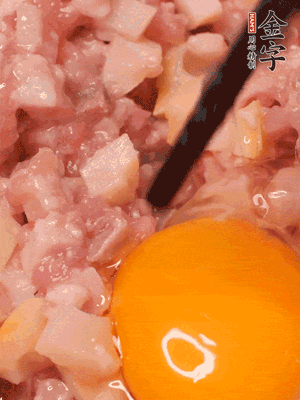 豬肉末、咸肉丁，分次加蔥姜水，一勺糖、一丟白胡椒，春筍丁，打入一個雞蛋